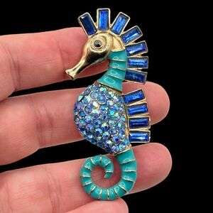 Blue Rhinestone Enamel Nautical Seahorse Brooch